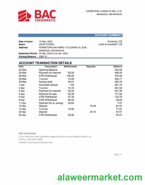 Nicaragua BAC Credomatic bank statement Excel and PDF template